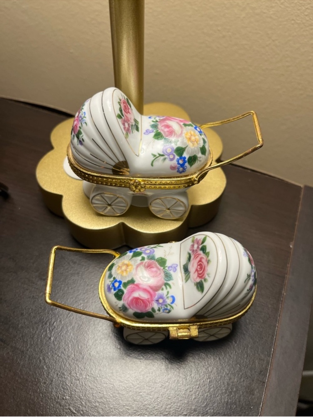 Porcelain Floral Baby Carriage Trinket Box - White with Gold Trim